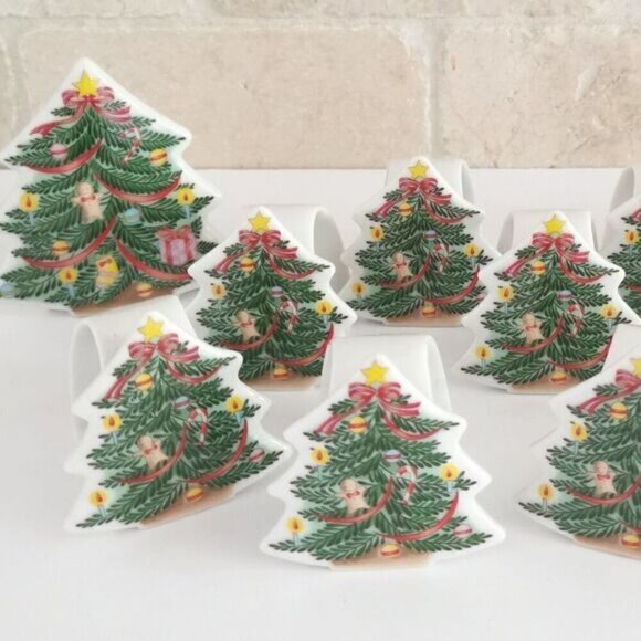 Vintage Christmas Tree Ceramic Napkin Rings & Candle Holder Set, Abbott Japan - Picture 1 of 10